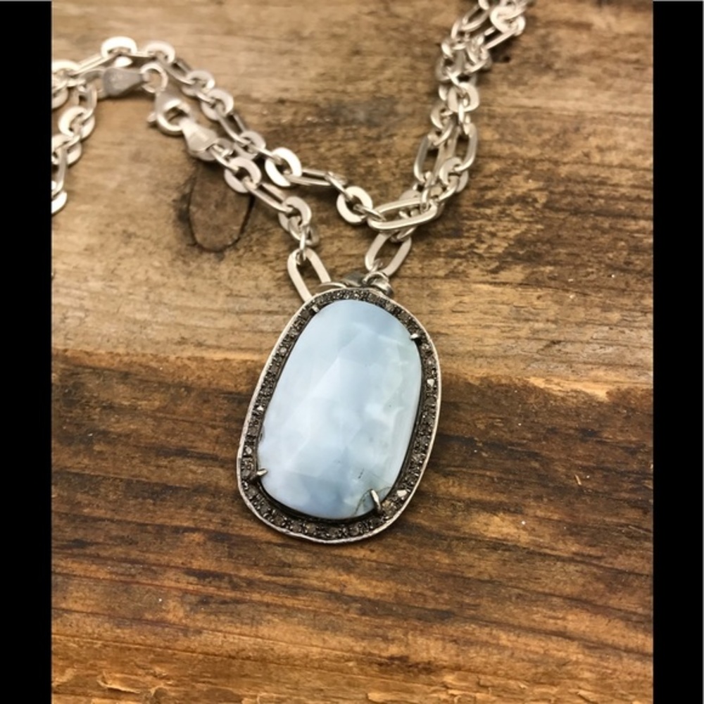 Peruvian opal with diamonds on silver necklace